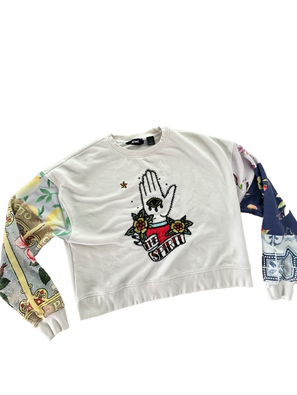 Desigual Embroidered Patch Sleeve Cropped Sweatshirt. Size S